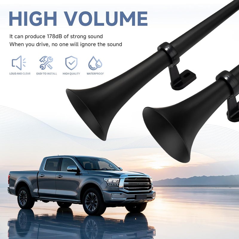 FARBIN Dual Trumpet Air Horn, 12V Train Horn for Truck with 2 Air Compressors,178dB Loud Horns for Any 12V Vehicles Trucks Pickups SUV Lorrys Boats (Black Integrated Trumpet with Button) - Image 2